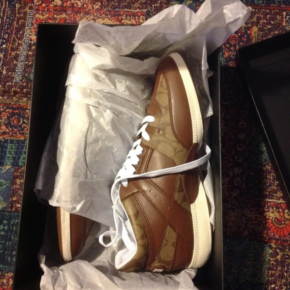 Coach men's Signature Mid Brown Leather & Coated Canvas Sneakers - New in Box - Picture 6 of 10